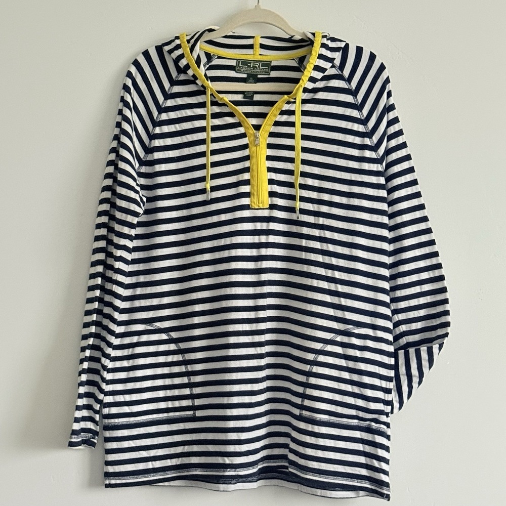 Ralph Lauren Active Hoodie XL White Blue Stripe Pullover Boat Nautical Beach